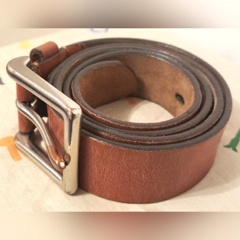 Genuine Brown Leather Belt Size 42 Silvertone Buckle